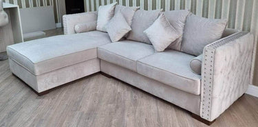 Luxury Moscow Corner Sofa in Cream Velvet with Deep Button Detailing & Scatter Cushions - UK Luxury Furniture